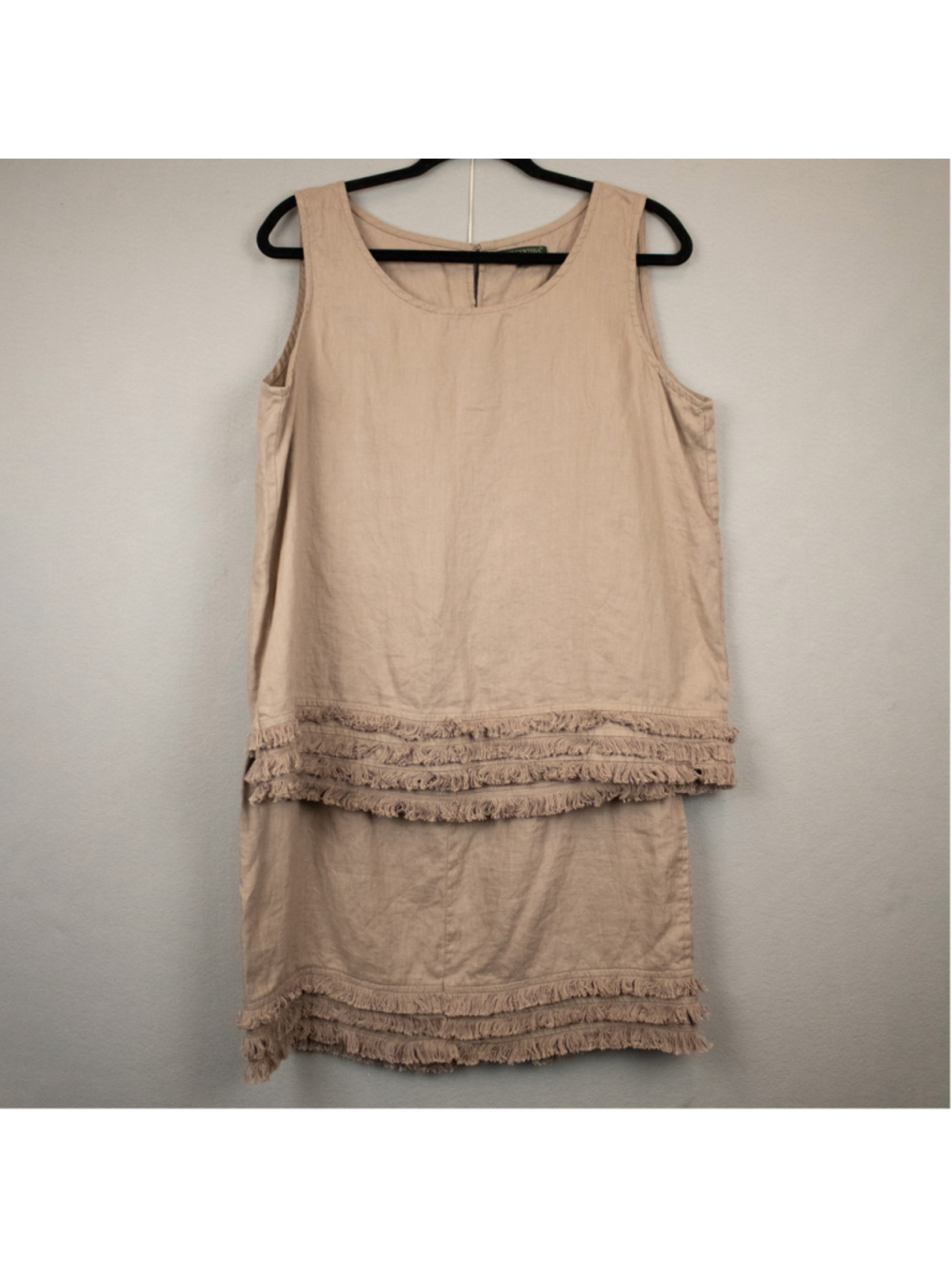 For Cynthia beige linen fringe hem shirt and skirt set-L
